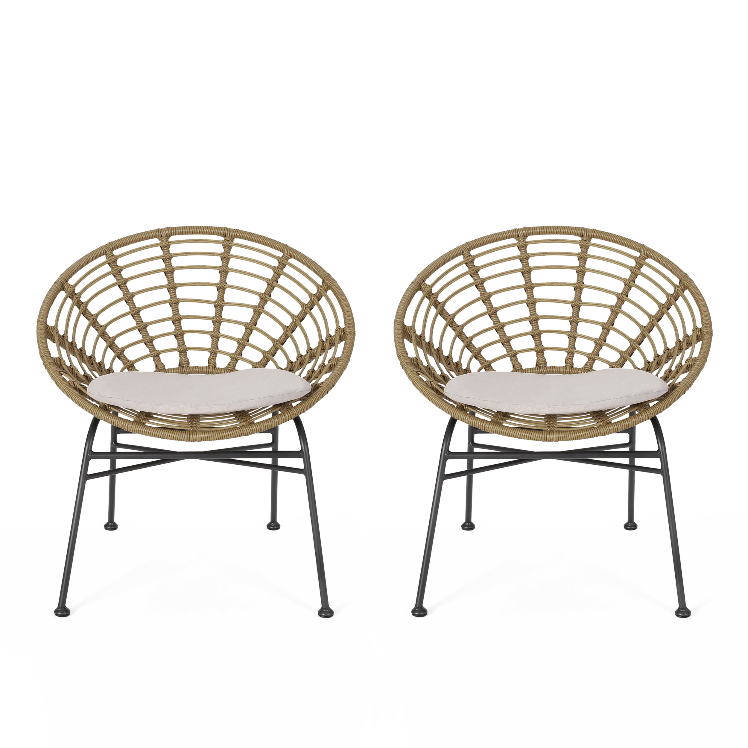 Itzel Outdoor Wicker Dining Chairs with Cushions, Set of 2, Light Brown and Beige