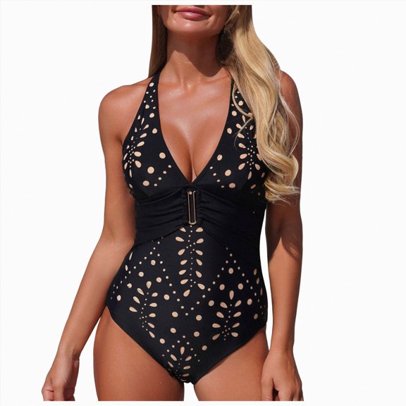 mgoYE Women's One Piece Swimsuit 2029 Tummy Control Bathing Suit V Neck Retro Ruched Push Up Swimwear Cross Back(Black,XL)