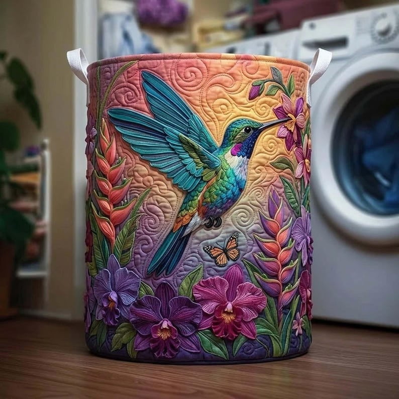 Hummingbird Charm Quilted Laundry Basket: Bird and Flower Field Hamper, Natural Lover Storage Bin