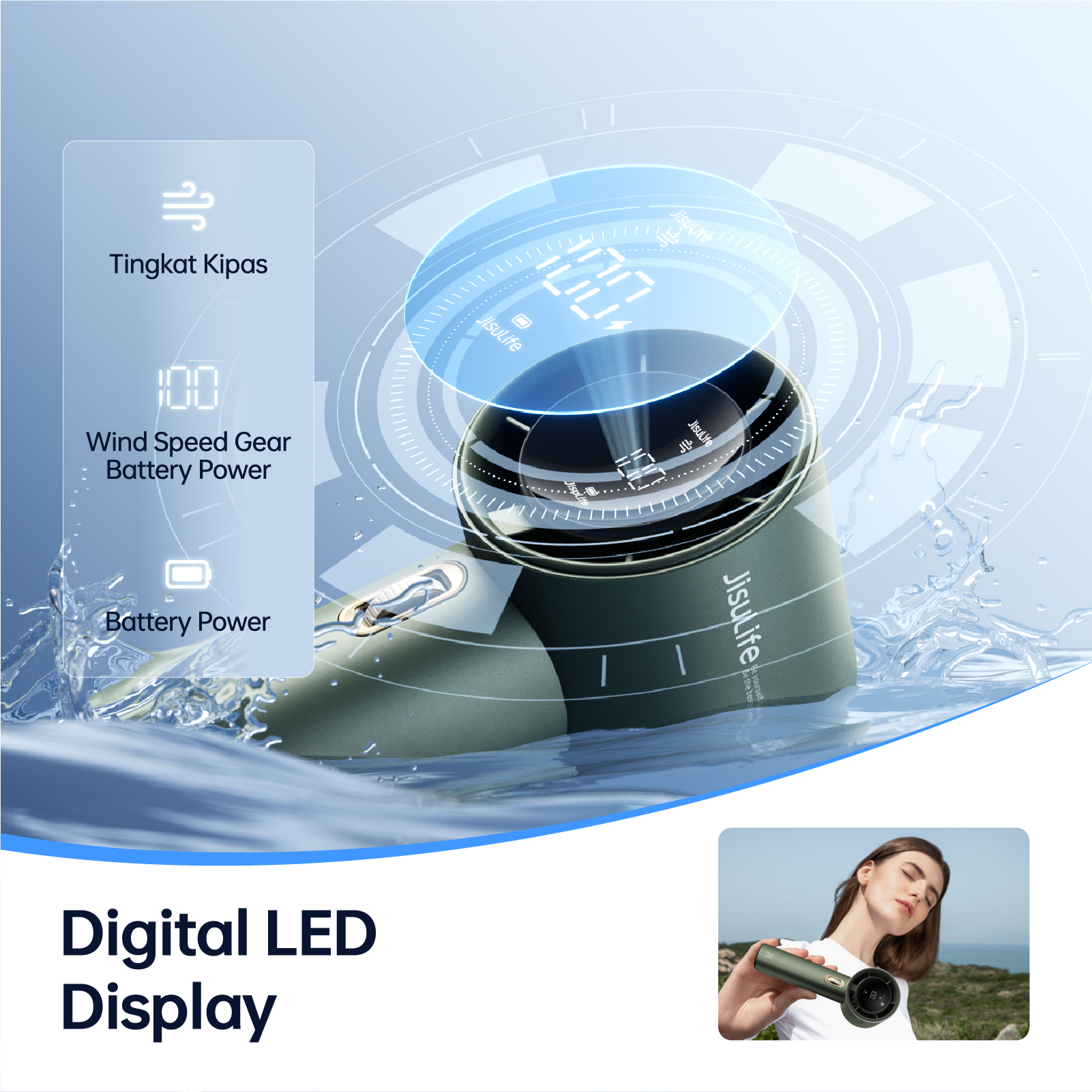 JISULIFE Portable Handheld Fan, Turbo Power High Speed Air [12Hrs Cooling], 100 Speeds, 3600mAh USB Rechargeable Mini Personal Fan, Digital Display, Gift for Travel/Outdoor -Green