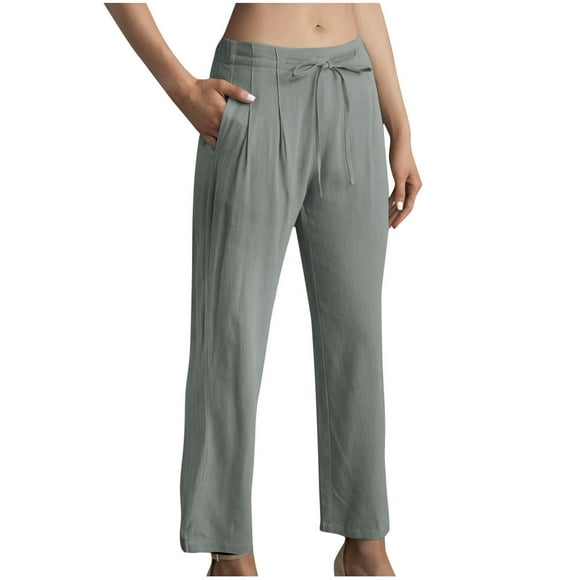 FNFYFH Clearance Women's Stylish Linen Cotton Trousers Elastic Waist Loose Fit Solid