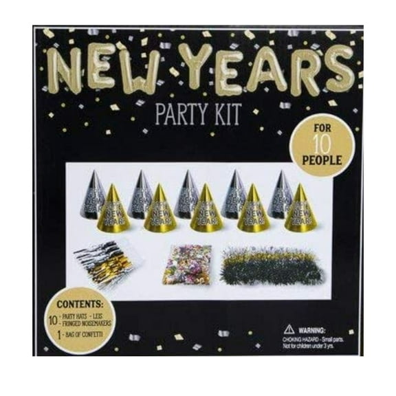 New Years Eve Party Kit, Black and Gold Party Decorations-Cone Hats Noisemakers Leis Foil and Confetti for Holiday Midnight Elegant Party Favor Supplies (10 Guest) Bonus NS Exclusive New Year's Beads