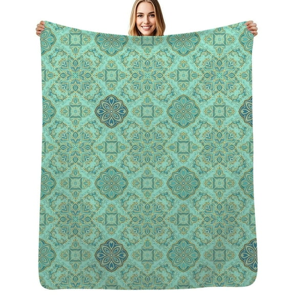 Teal gold intricate floral pattern Flannel Blanket Warm Soft Bedding Throws Winter Camping Chair Sofa Bed