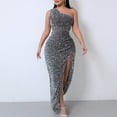thumbnail image 2 of Lovskoo 2024 Women's Ruched Midi Dress Sleeveless Spaghetti Straps One Shoulder Asymmetric High Split Party Gown Gray, 2 of 7