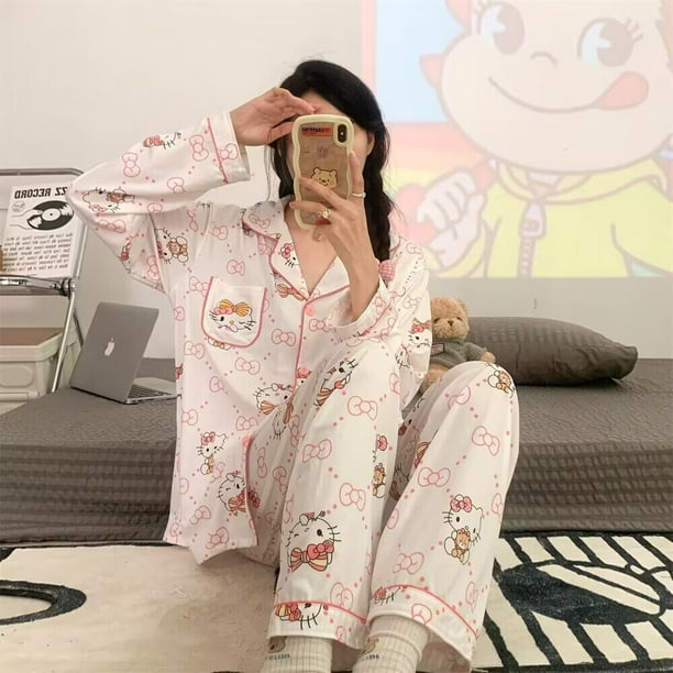 Sanrio Hello Kitty Cinnamoroll Summer Long Pajamas for Women Cute Cartoon  Loose Sleepwear Pajamas Set Home Leisure Clothes