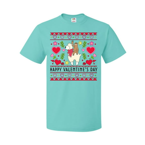Inktastic Happy Valentine's Day Sloth and Llama Ugly Sweater Style T-Shirt