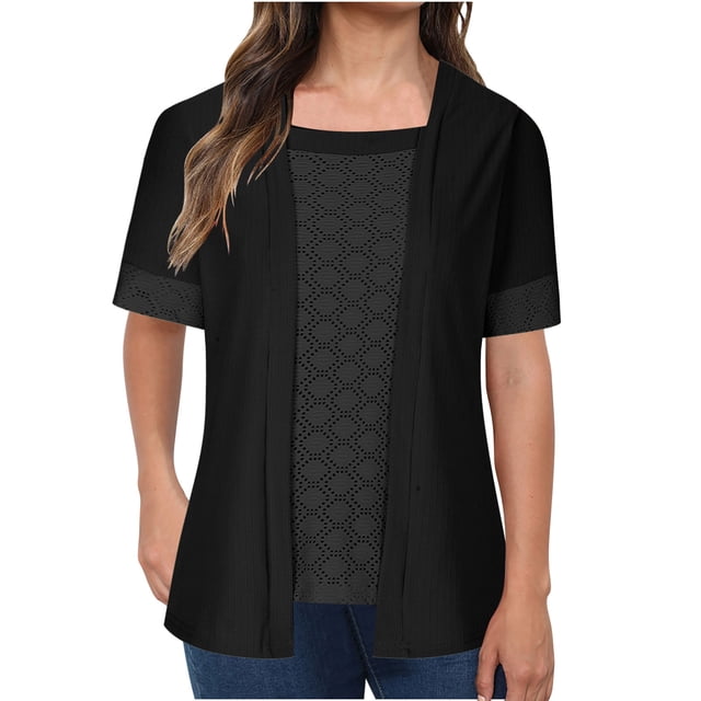 Timegard Plus Size Tops for Women Eyelet Round Neck Short Sleeve Cardigan Summer Dressy Causal Tops