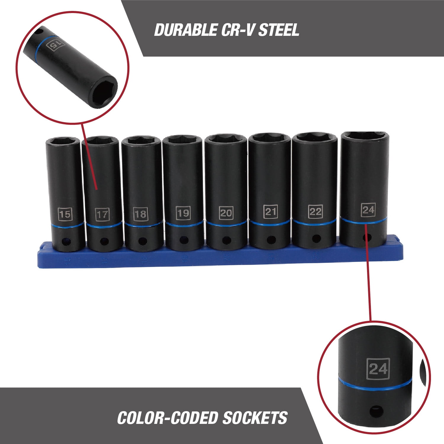 Hyper Tough 9-Piece 1/2-inch Drive Deep Metric Impact Socket Set (mm)