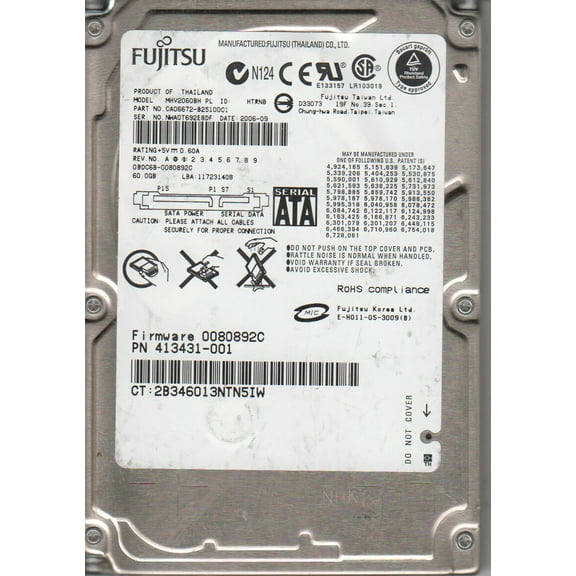 MHV2060BH PL, PN CA06672-B25100C1, Fujitsu 60GB SATA 2.5 Hard Drive