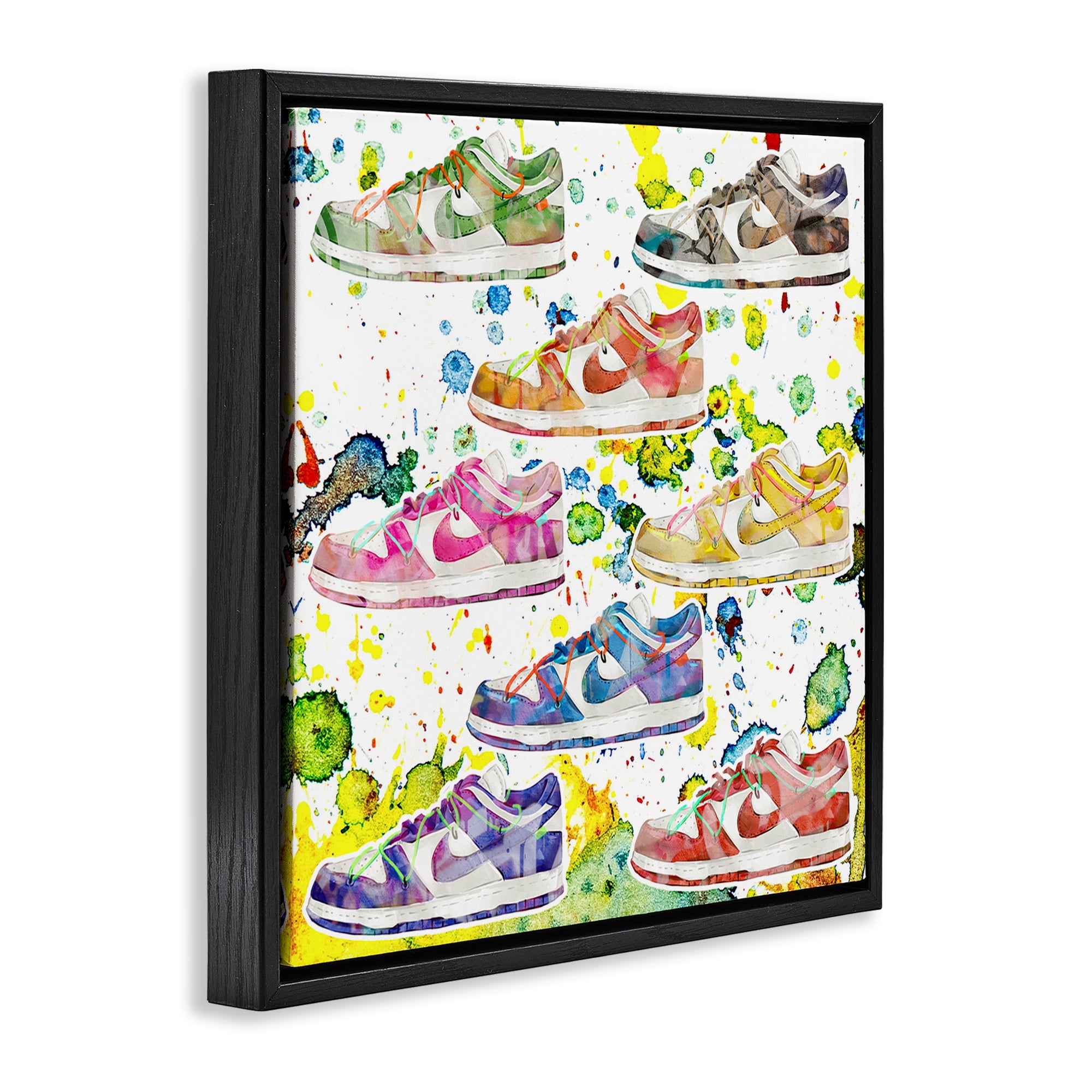 Stupell Industries Paint Splatter Sneakers Beauty & Fashion Painting Black Floater Framed Art Print Wall Art, 18 x 18