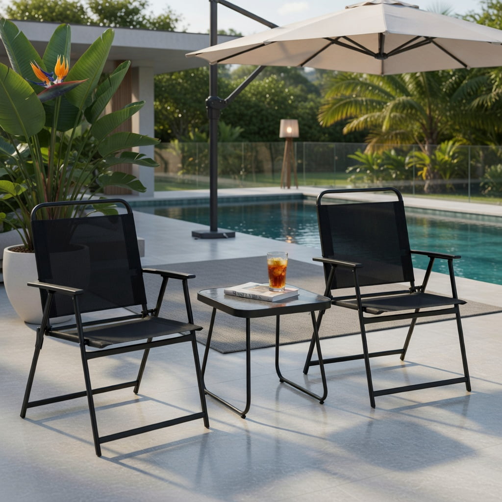 Hommoo 3-Piece Outdoor Folding Patio Set, 2 Folding Chairs + 18" Square Coffee Table, Heavy-Duty Metal Frame, Breathable Fabric, Compact Storage, Black
