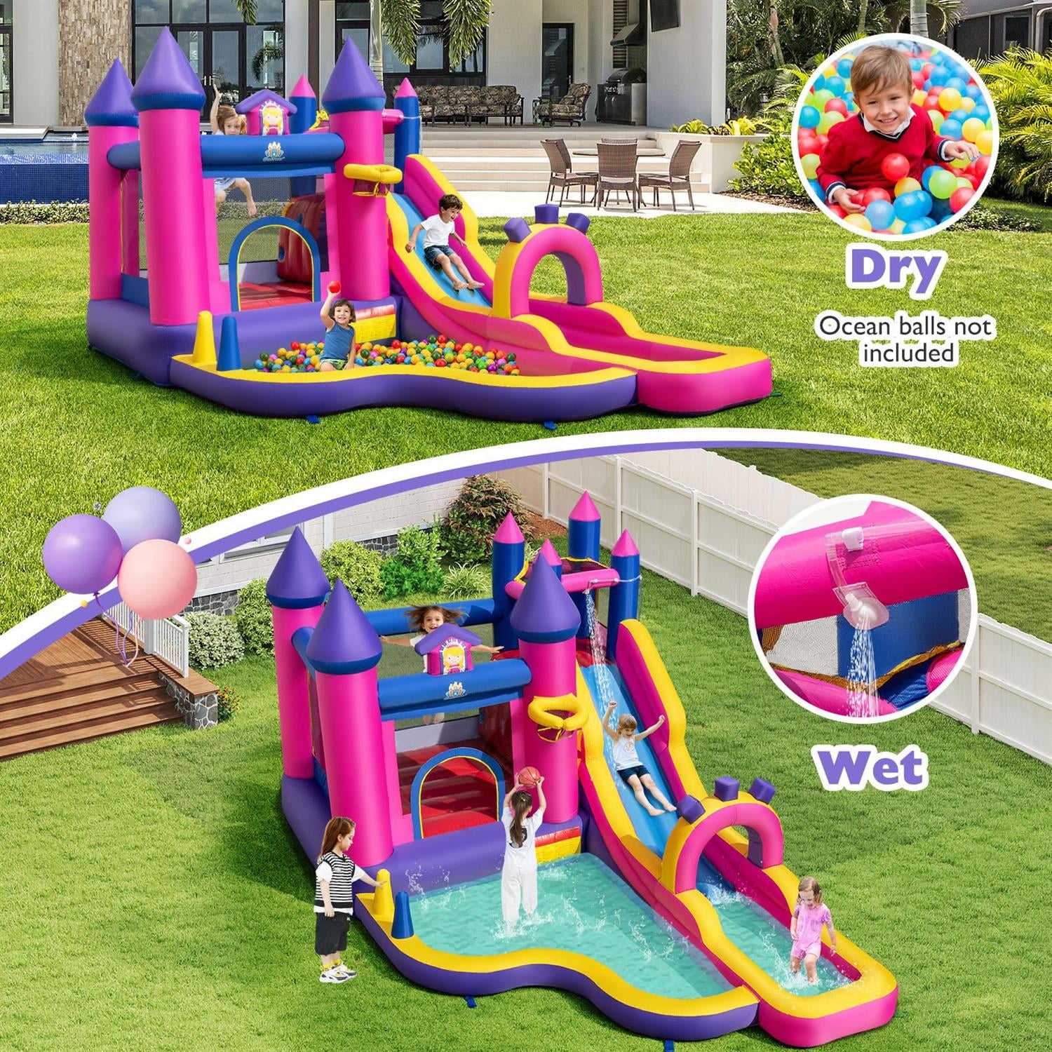 Spaco Princess-Themed Inflatable Water Slide, 680W Efficient Blower, Climbing Wall + Slide + Basketball Hoop, Magical Play Experience, Multicolor