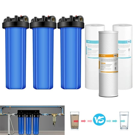 3-Stage Big Blue Whole House Water Filter Housing 20" x 4.5" Filtration System