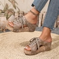 thumbnail image 4 of Rokment Womens Vintage Beach Platform Wedge Slides Sandals Summer Retro Casual Studded Suede Open Toe Lace up Chunky High Heels Slip on Backless Dress Mules Khaki Size 9.5, 4 of 6