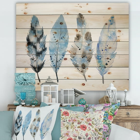 Designart 'Abstract Blue Boho Feathers I' Bohemian & Eclectic Print on Natural Pine Wood