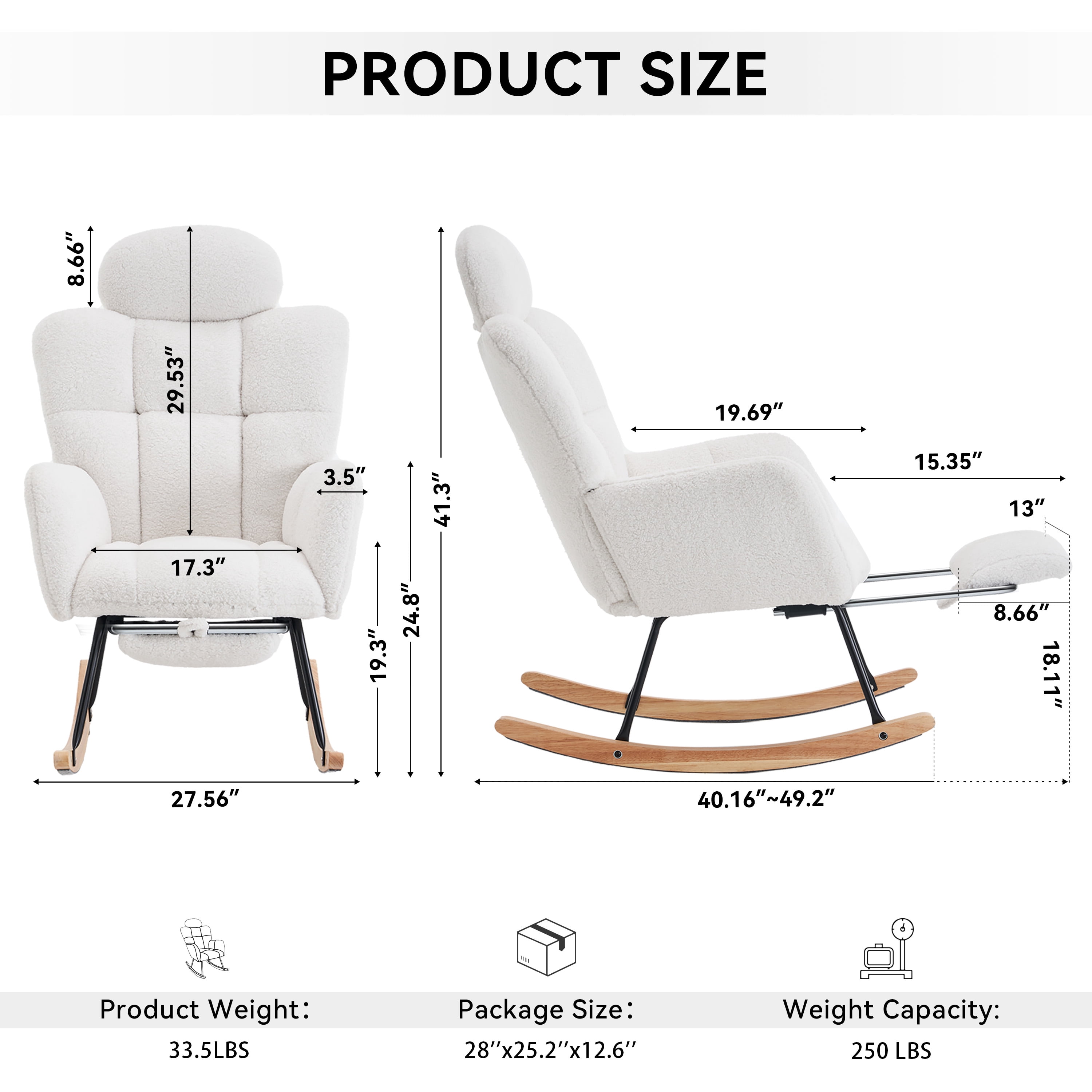 QuzyAor Teddy Fabric Nursery Glider Rocking Chair,Soft Upholstered Chair with Optional Footrest & Headrest for Baby Nursery Living Room,Ivory