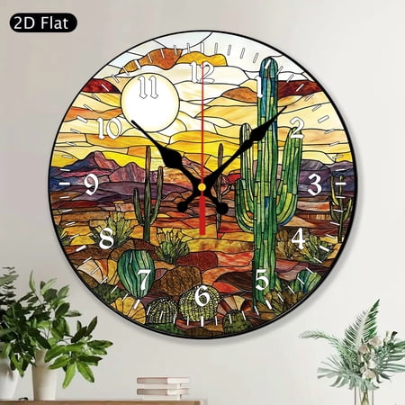 Cactus Landscape Desert Sunset Stained Glass Style Round Wall Clock, MDF Wood Western Boho Southwestern Art Home Decor, Unique Nature Lovers Gift