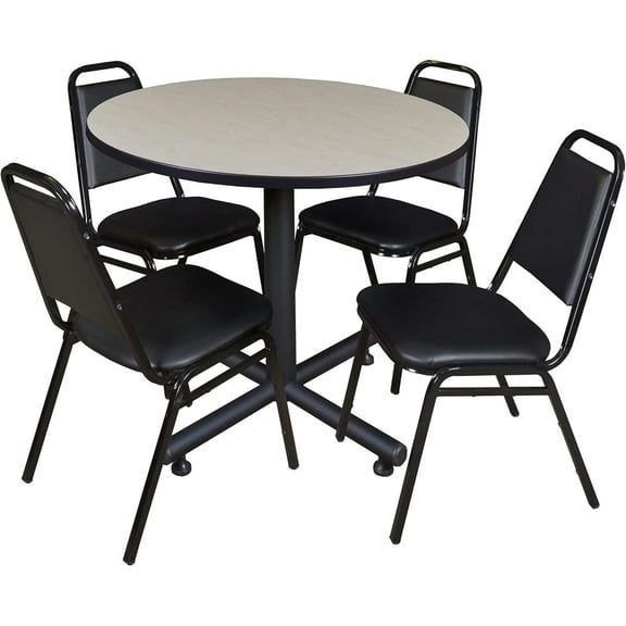 HomeStock Victorian Elegance 42" Round Breakroom Table- Maple & 4 Restaurant Stack Chairs- Black, Ideal for Cafeterias, Dining, and Office Spaces