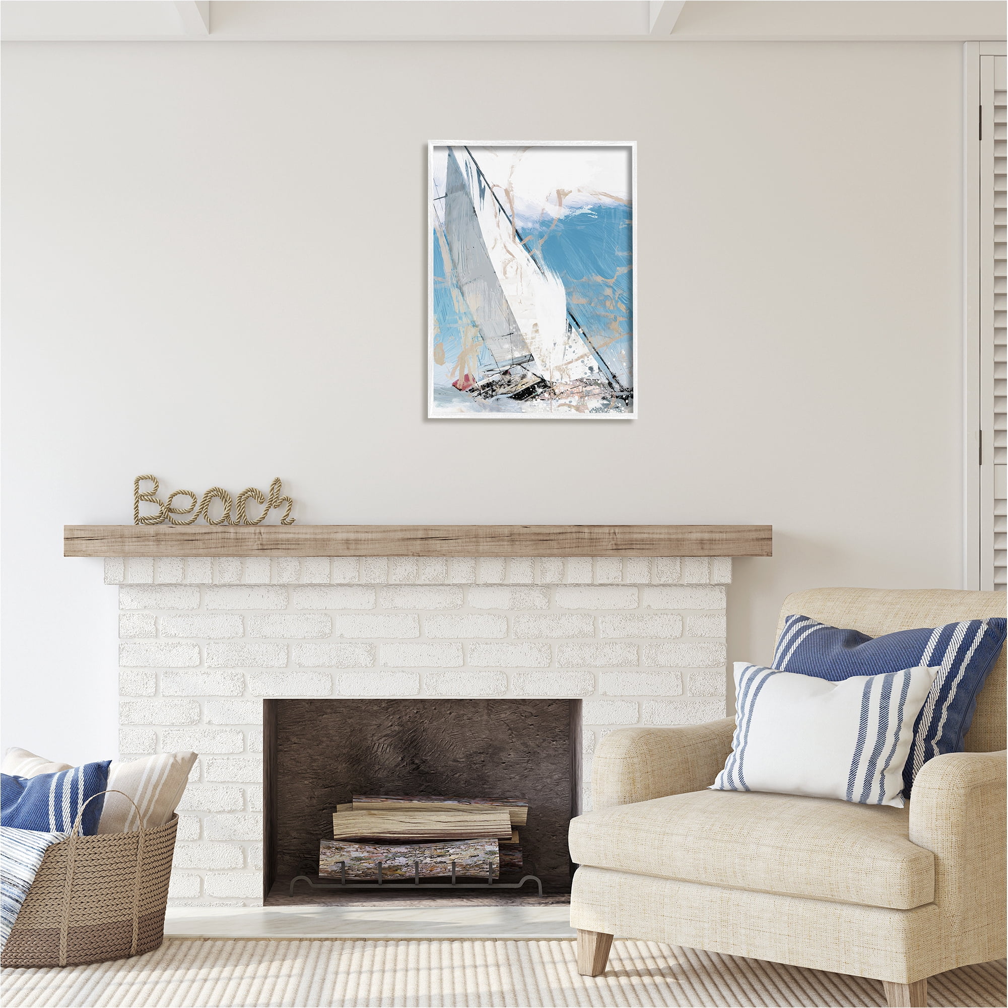 Stupell Industries Abstract Sailboat Waves Transportation Painting White Framed Art Print Wall Art, 24 x 30