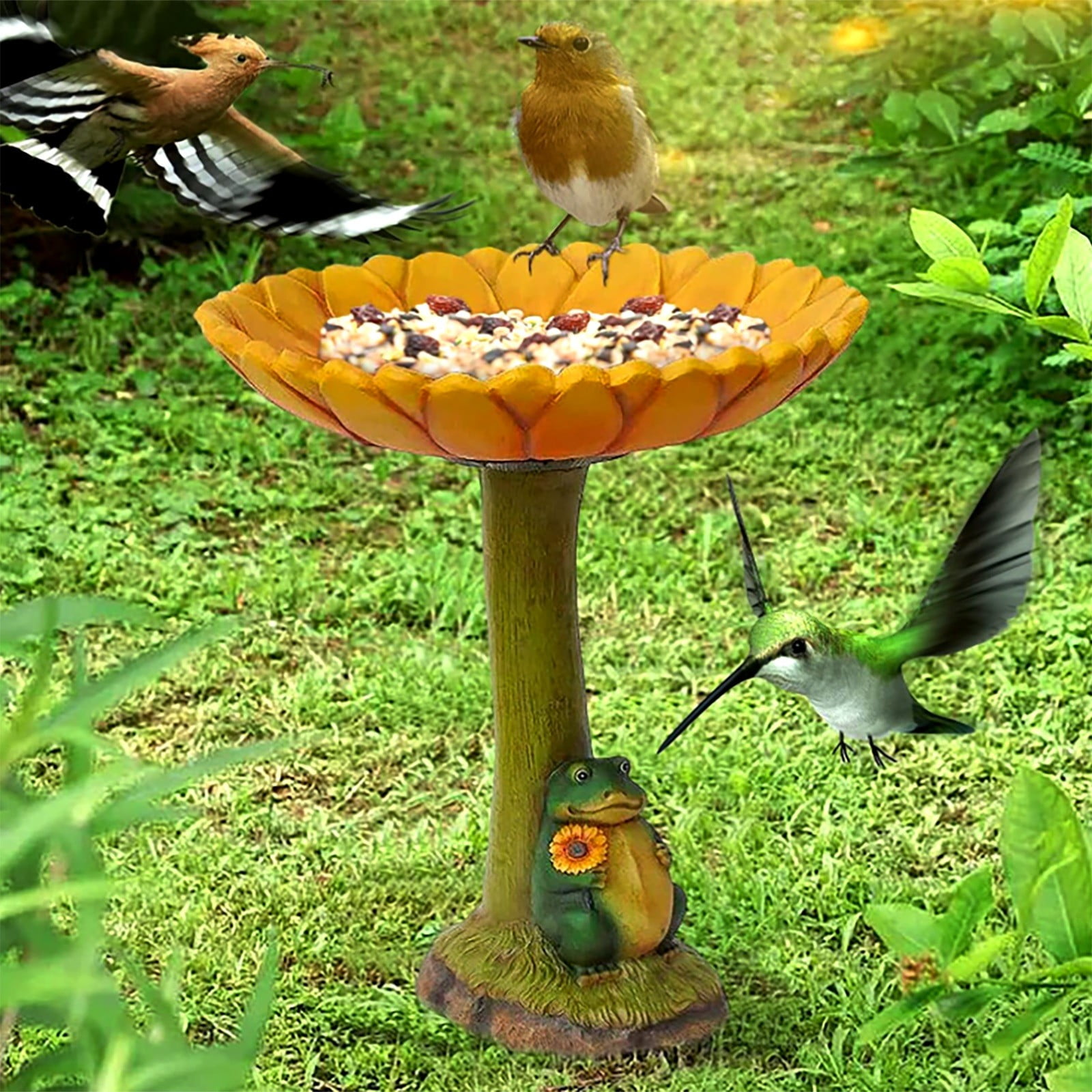 Hot Sale! Fdelink Yard Garden Frog Bird Feeder Standing Bird Feeder Sunflower Bird Ground Bird Baths for Outside Sunflower Outdoor Decor Small Ornaments Resin Water Bath, Bird Feeder*1Bird Feeder