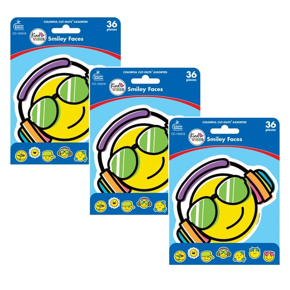 Carson Dellosa Education Kind Vibes Smiley Faces Cut-Outs, 36 Per Pack, 3 Packs