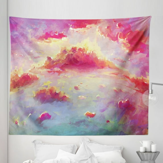 Coral Tapestry, Vibrant Illustration of Clouds Scenic Sunset Fluffy Fantasy Magnificient, Fabric Wall Hanging Decor for Bedroom Living Room Dorm, 5 Sizes, Coral Purple Pale Blue, by Ambesonne