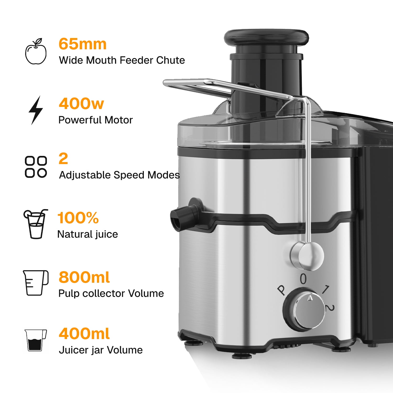 Behome Juicer Machines, 400W Juice Extractor with 2 Speeds,Centrifugal Juicer with 2.6" Wide Feed Chute for Vegetable&Fruit, Easy to Clean, Silver