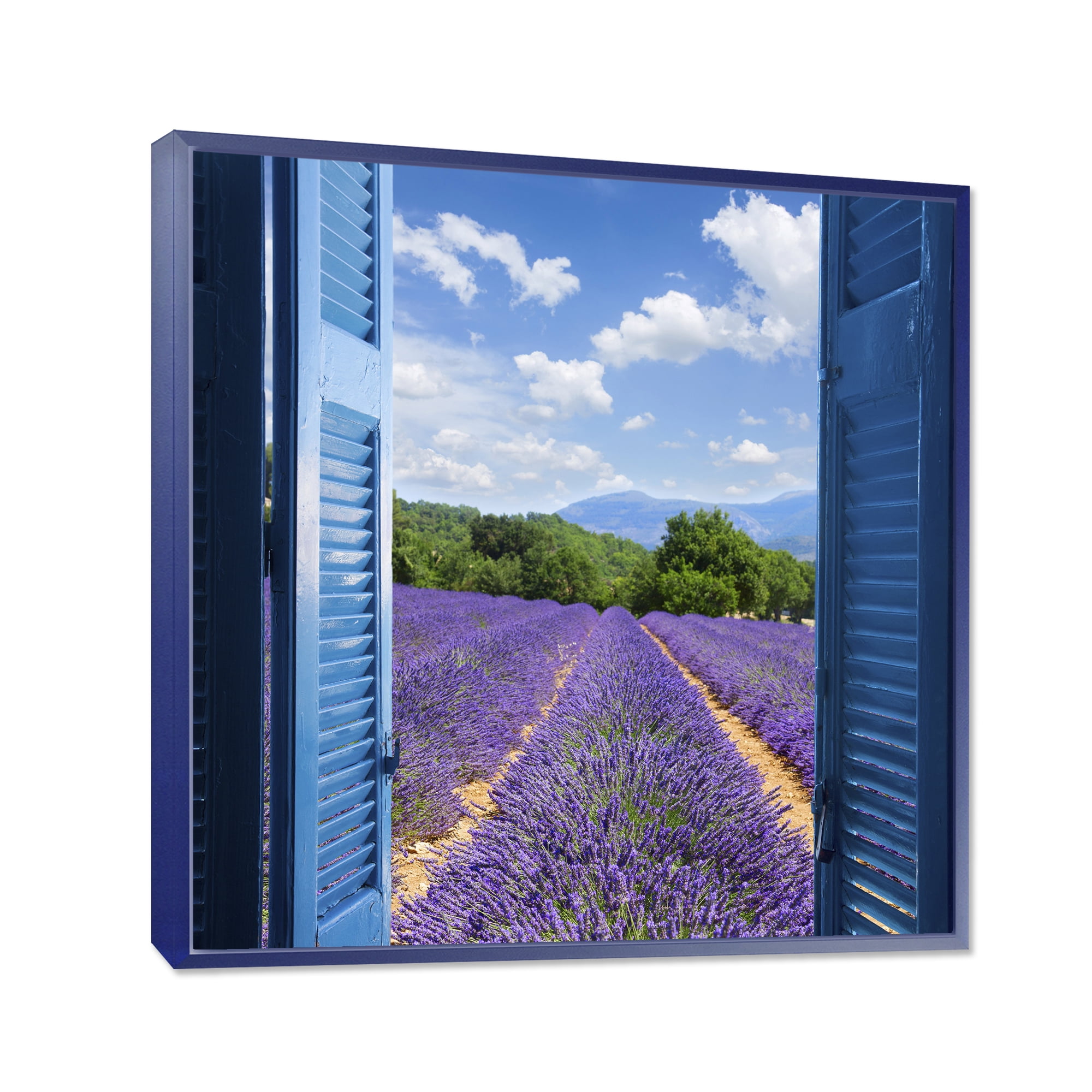 Designart 'View of Lavender Field Through Blue Open Cottage Window' Farmhouse Framed Canvas Wall Art Print