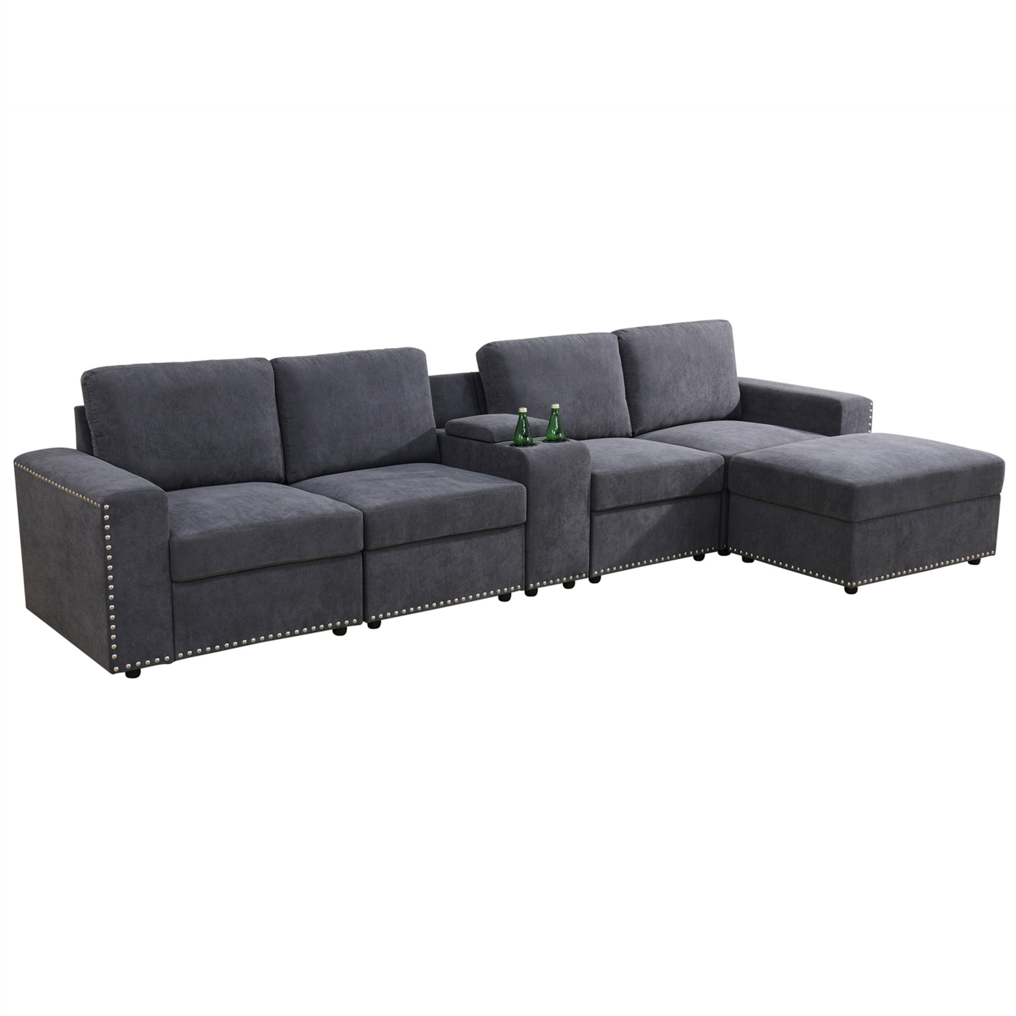Aukfa 130" Oversized Sectional Sofa w/ Cupholder & Console 4 Seat Couch with Ottoman for Living Room, Gray