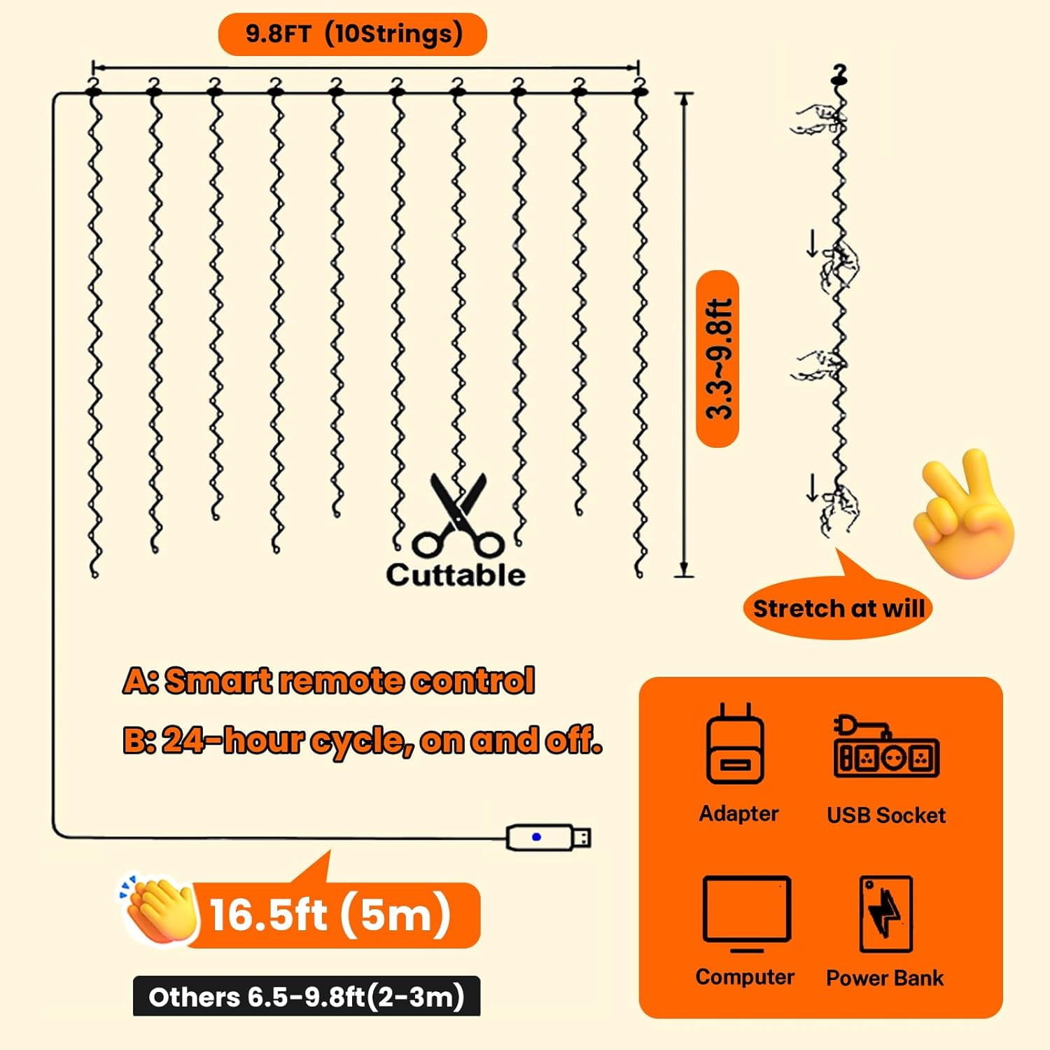 300LED Orange Fairy Curtain Lights with Remote Control, 8 Modes Timer, USB Plug-in Christmas String Lights for Bedroom, Fall, Halloween, Weddings, Party Decorations