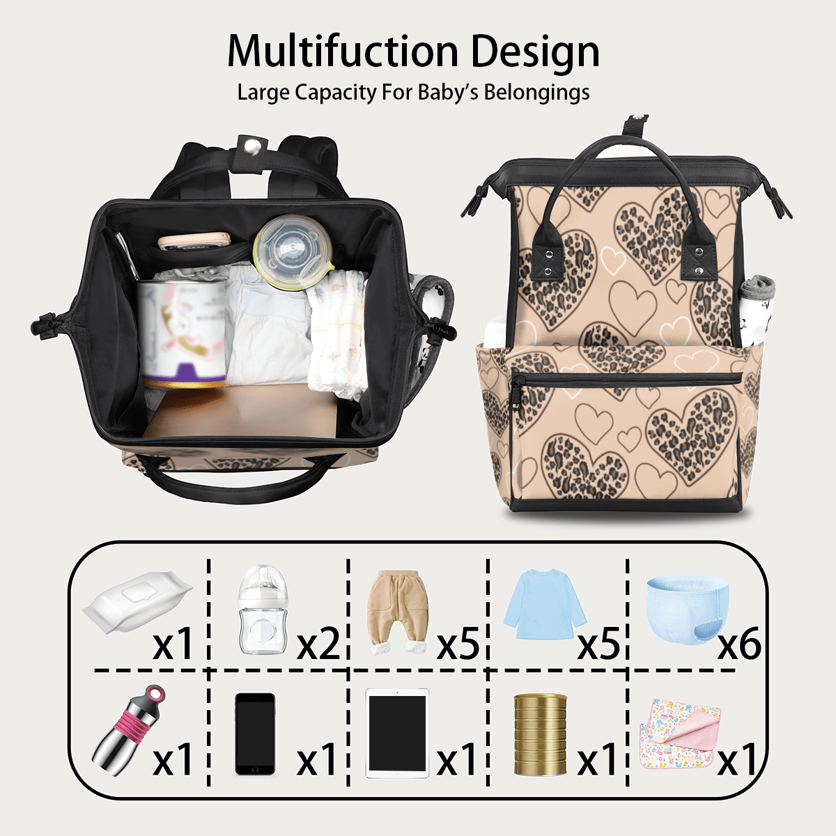 Leopard Diaper Bag Backpack for Mom, Large Capacity Travel Backpack, Multi-Pocket Backpack with Adjustable Straps, 15.7x11x7In