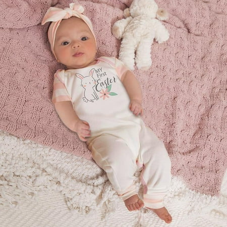 

Yubatuo Newborn Infant Baby Easter Patchwork Striped Bunny Print Romper Jumpsuit Set Pink 100
