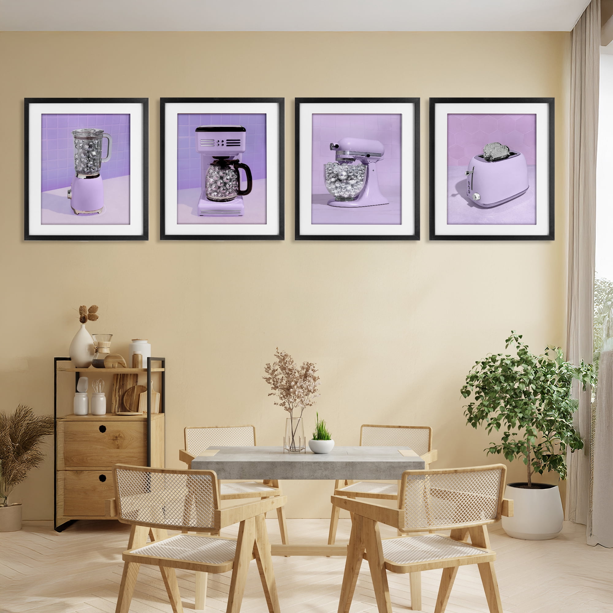 Stupell Industries Disco Kitchen Utensils in Purple 4 Piece Black Framed Print Under Glass Set, design by LISH Creative
