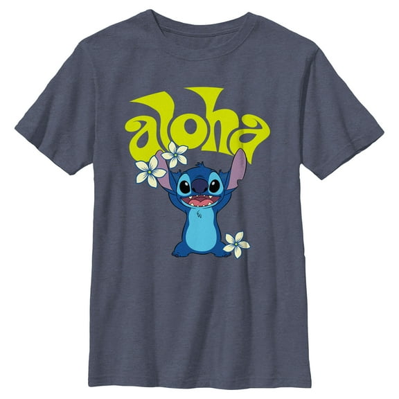 Boy's Lilo & Stitch Aloha Wavy Text  Graphic Tee Navy Blue Heather X Large
