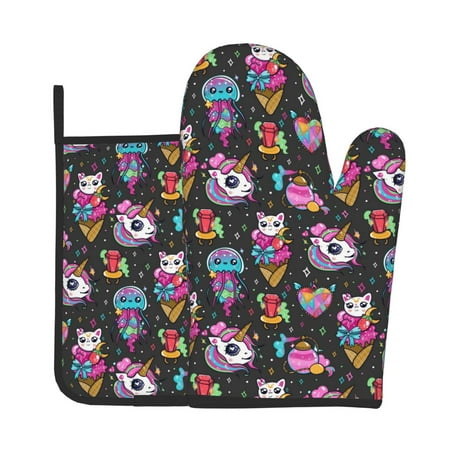 

Gaeub Rainbow Unicorn And Cat Icecream Print Oven Mitts and Pot Holders Sets of 2 Heat Resistant Pad Cooking Gloves for Baking BBQ Home Decor