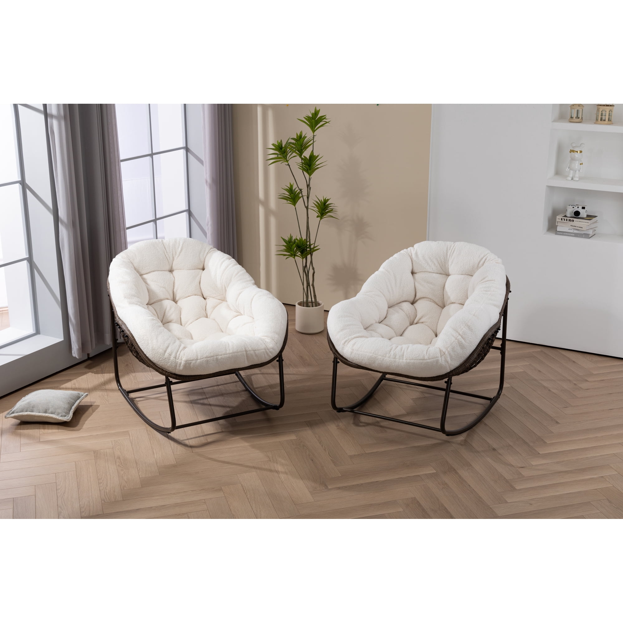 Leumius Outdoor Rattan Rocking Chair, Padded Cushion Rocker Recliner Chair Outdoor for Front Porch Living Room Patio Garden, Ancient White