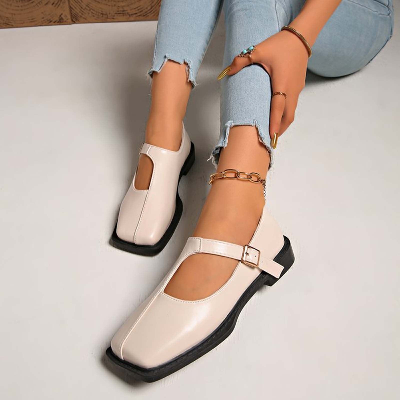 Xfvqtps Womens Mary Jane Shoes Adjustable Buckle Strap Square Toe