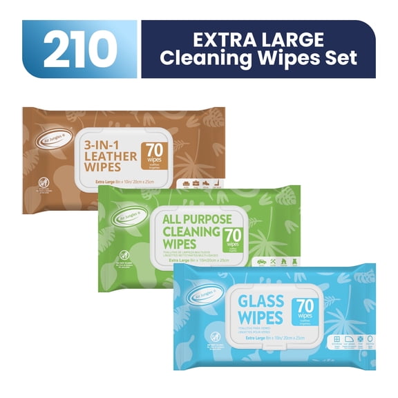 Air Jungles Cleaning Wipes Bundle, 3 Pack Includes Leather Cleaner Wipes, Glass & Window Wipes, and All-Purpose Cleaning Wipes, XL 8" x 10", 70 Count Each, for Car, Home, Office, Furniture, Bags