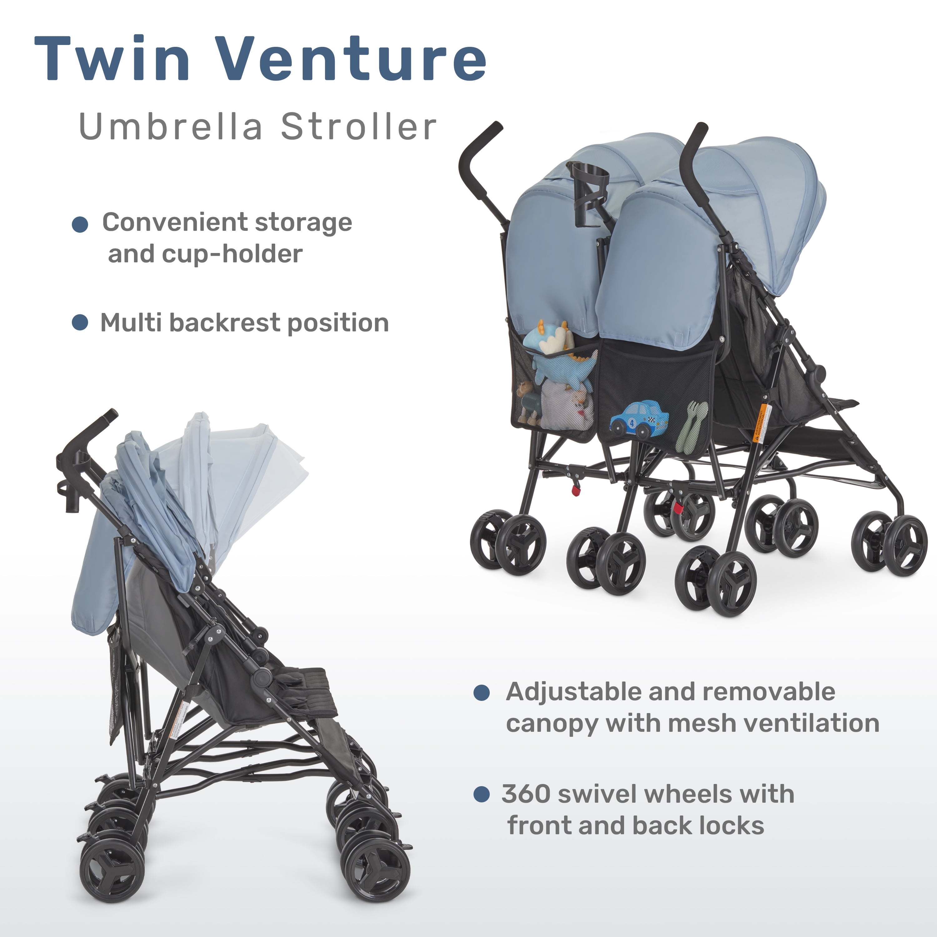 Dream On Me Twin Venture Umbrella Stroller, Light Blue