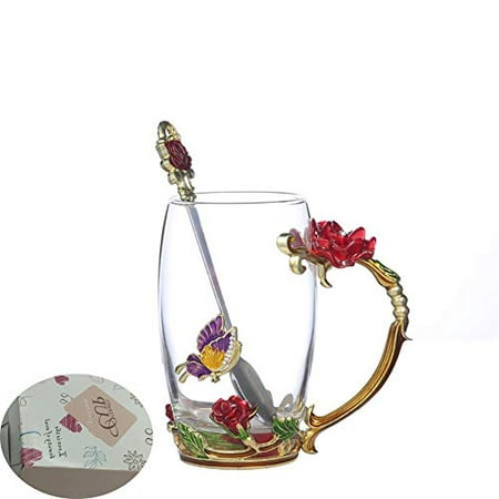 

Handicraft Crystal Glass 3D Flower Cups Tea Mug With Tea Spoon Women Coffee Tea Juice Beer Milk Hot And Cold Drinks Use Gift Package. (Rose Red Coffee Cup 12 OZ)