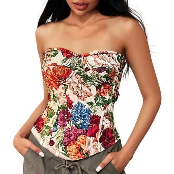 Women's Vintage Floral Strapless Corset Top Lace-Up Back Bustier Tube Tops