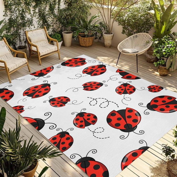 Red Ladybugs Outdoor Rug for Patio/Deck/Porch, Non-Slip Large Area Rug 5 x 8 Ft, Animal Themed Spring Summer Rustic Indoor Outdoor Rugs Washable Area Rugs, Reversible Camping Rug Carpet Runner