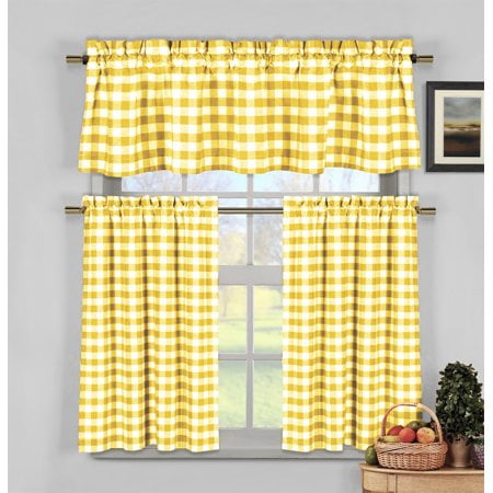 Yellow 3 Piece Gingham Check Kitchen Window Curtain Set Plaid Cotton Rich 1 Valance 2 Tier Panels Com Kitchen Window Curtain Set, Yellow Black And White Kitchen Curtains