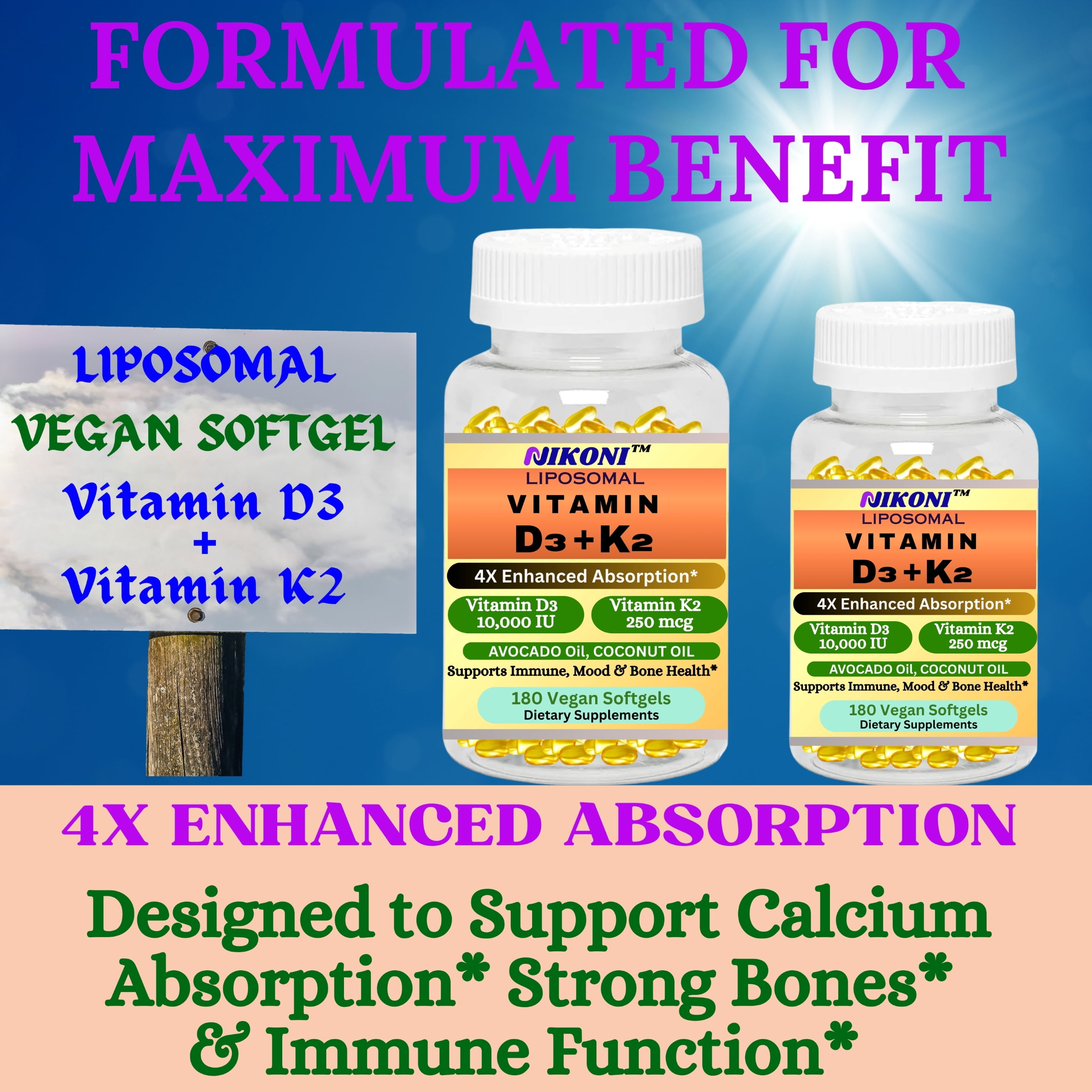 Nikoni Liposomal Vitamin D3 10,000IU + K2 Softgels Dietary Supplement, High Strength, 180 Vegan Softgels