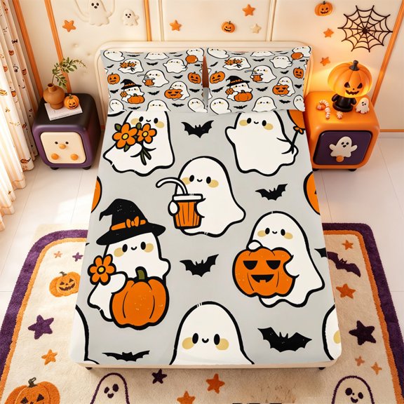 Manfei Cartoon Halloween Fitted Sheet Full,Spooky Ghost Bat Bed Set,3pcs,1 Fitted Sheet and 2 Pillowcases