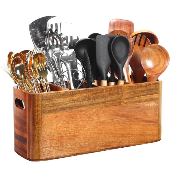 Soporte para utensilios de madera de acacia Rodelna con 4 compartimentos