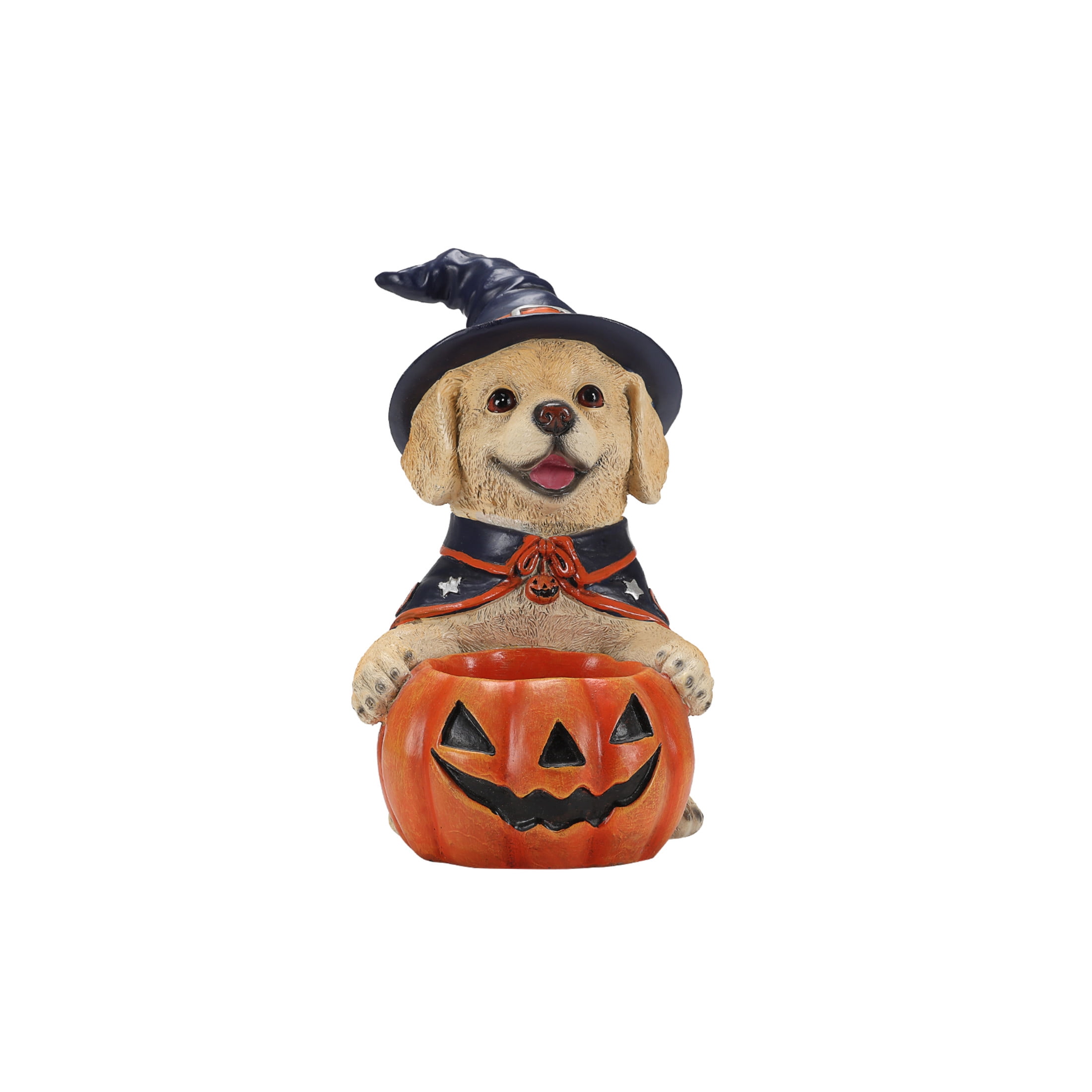 Noble House Halloween Labrador Retriever Witch Puppy Figurine with Pumpkin Candy Bowl, Decorative Statue, Brown