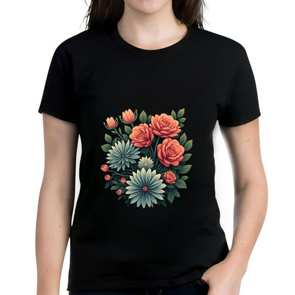 Colorful Floral Design Cotton Short Sleeve T-Shirt for Women - Vibrant Roses Daisies & Tulips on Black Tee