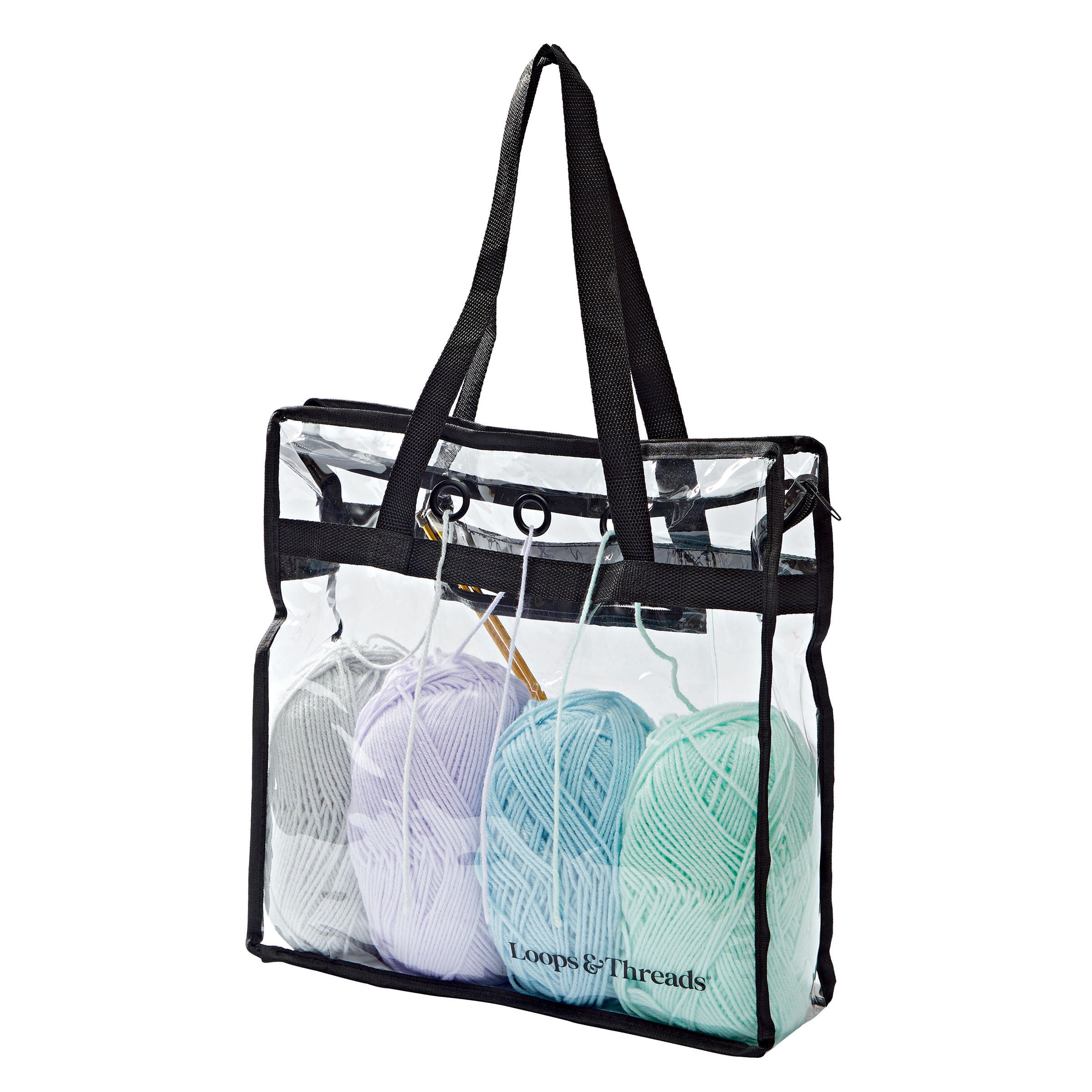 Loops & Threads Transparent Yarn Project Bag - Clear Storage Tote with Zipper Pocket & Yarn Feed Loops for Knitting & Crochet Projects, Durable PVC & Nylon, 15" x 15" x 4", 6 Pack