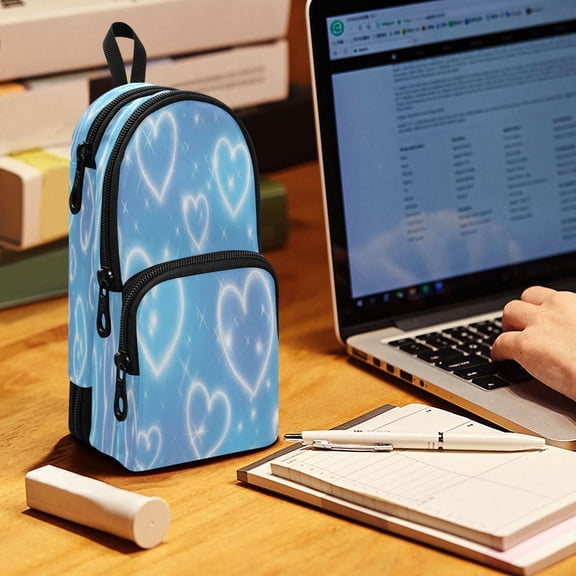 Backpack Pencil Case, 3 Compartment Large Capacity Oxford Fabric Pencil Pouch / Blue Diamond Heart Shower